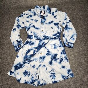 GAP Womens Blue White Tie Dye Jumper Romper Shorts Linen Long Sleeve 12 NWT